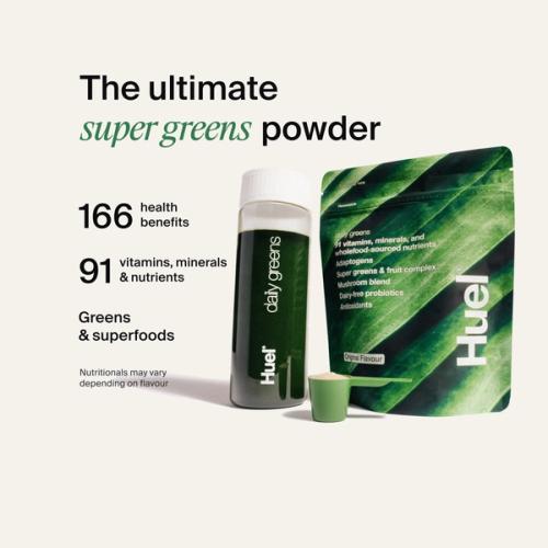 Alt: Huel Daily Greens powder with a prepared greens drink, alongside text highlighting 166 health benefits, 91 vitamins, minerals and nutrients, plus greens and superfoods.