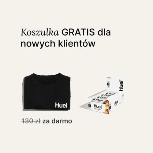 A box of Huel complete nutrition bars on a neutral background next to a black Huel t-shirt