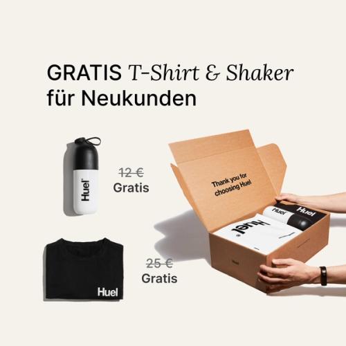 Unboxing a Huel starter kit containing a black Huel t-shirt and a Huel shaker
