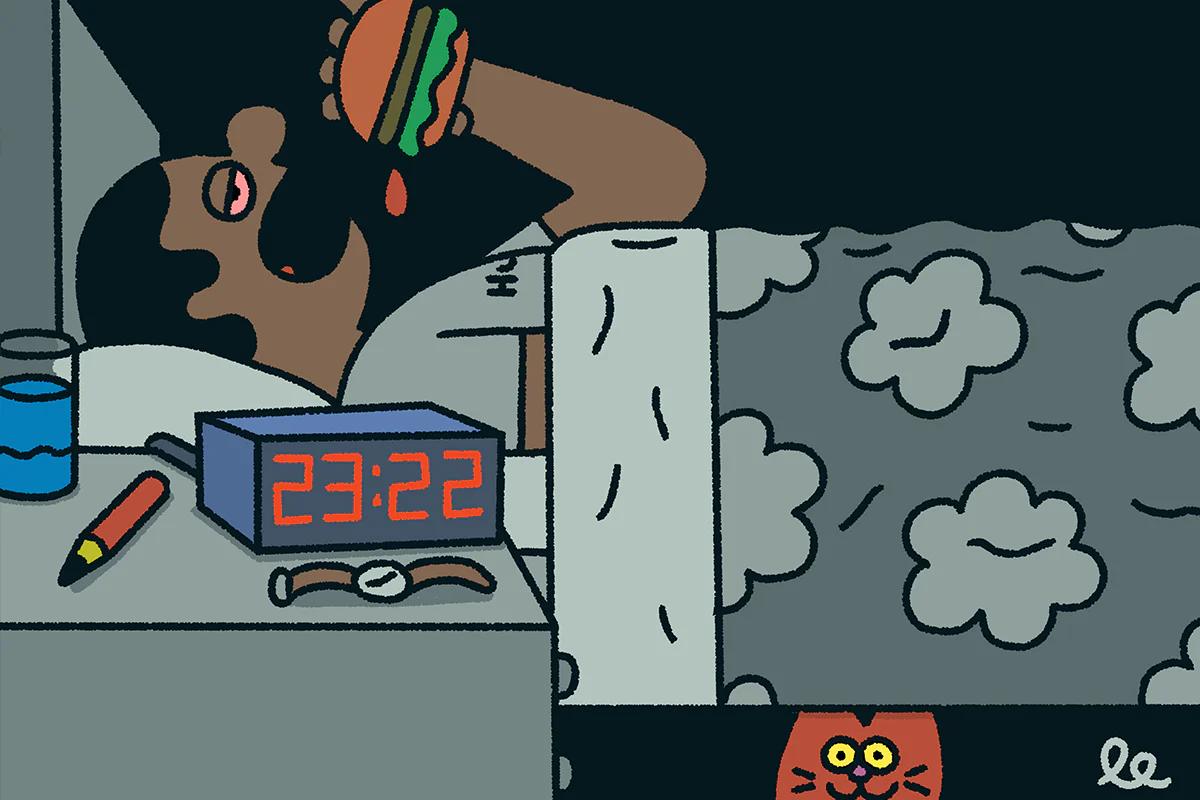 cartoon of man laying in bed eating a burger