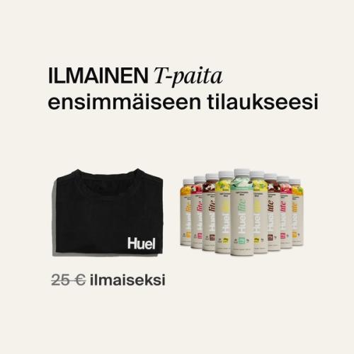 T-paita ja valmisjuoma-pullot, joissa mainitaan ilmainen T-paita uusien asiakkaiden tilauksiin.
