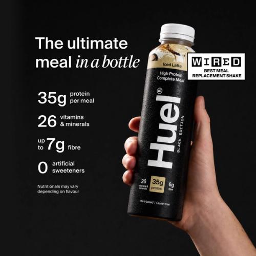 Huel Black Edition Ready-to-drink bottle held in hand, alongside text highlighting 35g protein, 26 vitamins and minerals, up to 7g fibre, and no artificial sweeteners.