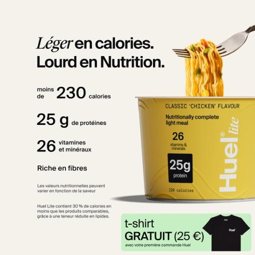 Un pot de Huel Lite Ramen avec des mentions nutritionelles 