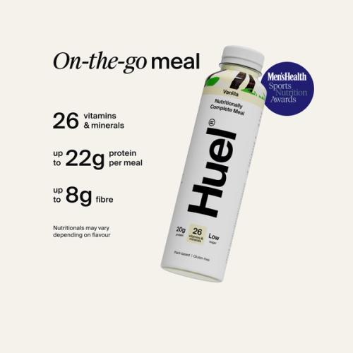 Alt: Huel Ready-to-drink bottle, alongside text highlighting 26 vitamins and minerals, up to 22g protein per meal, and up to 8g fibre.