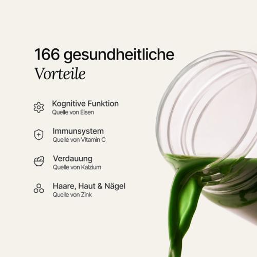 Hand, die eine Portion Huel Daily Greens Pulver in einen durchsichtigen Daily Greens Shaker schüttet.