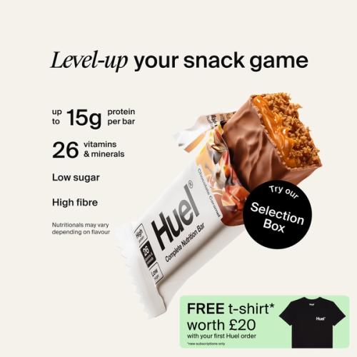 A Huel Complete Nutrition bar set against a beige-colour background