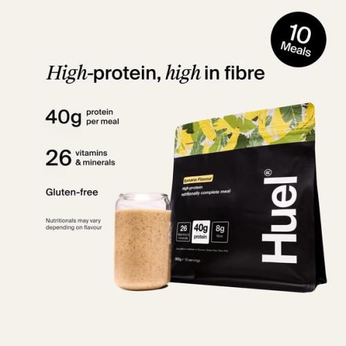 Bag of Black Edition Powder in Banana Flavour 10 Meals with Complete Nutrition callouts