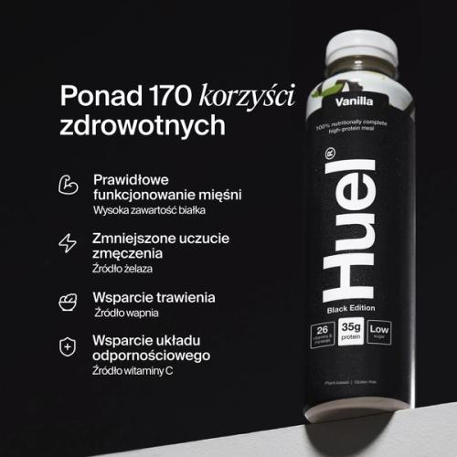 Bottle of Huel Ready-to-drink with health benefits written beside it