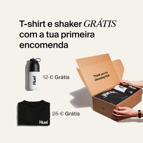 Image of a Huel unboxing, shaker and black t-shirt