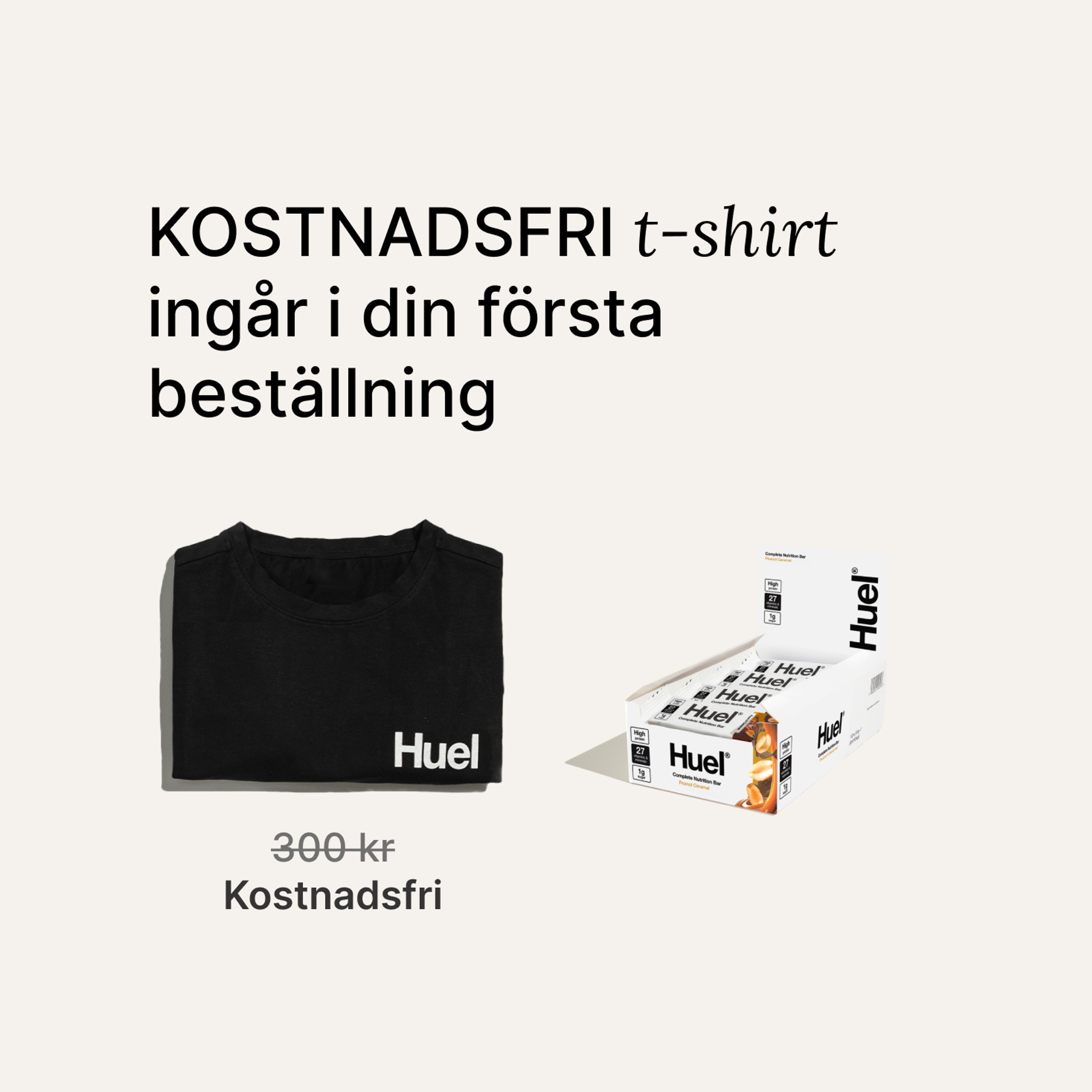 A box of Huel complete nutrition bars on a neutral background next to a black Huel t-shirt