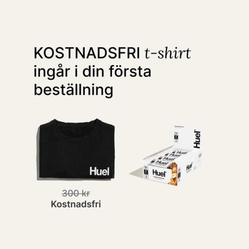 A box of Huel complete nutrition bars on a neutral background next to a black Huel t-shirt