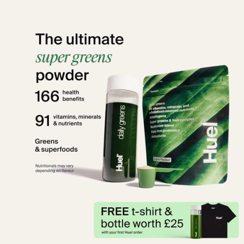 A picture of a Daily Greens bottle with nutrition callouts