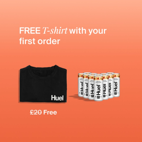 Free t-shirt & delivery with your first order; shows off the Huel shirt alongside 12 cans of DAZ