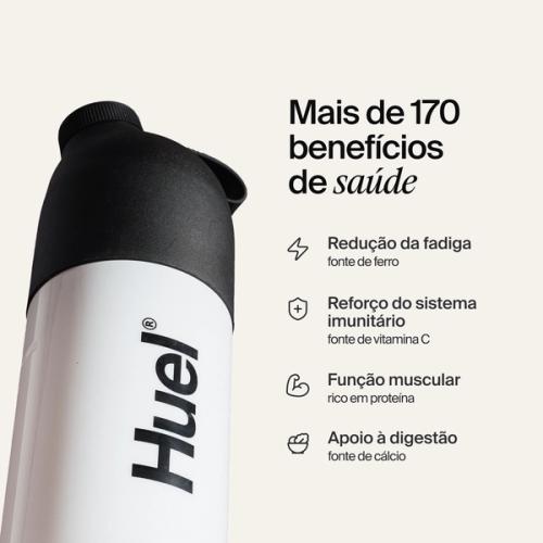 Um Huel Shaker preto e branco sobre um fundo neutro, acompanhado de chamadas de atenção para benefícios de saúde