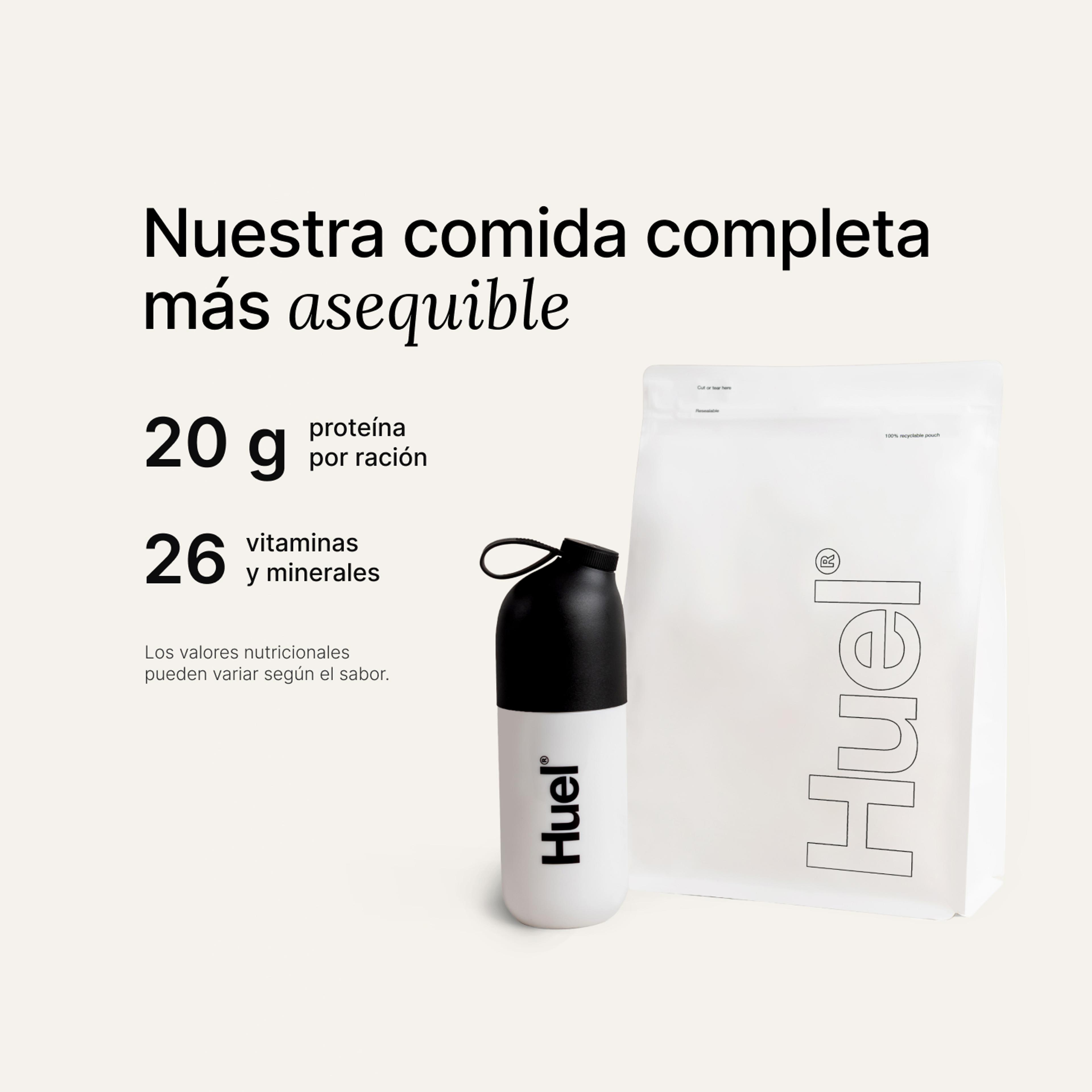 A white pouch of Huel Essential and a Huel shaker on a neutral colour background