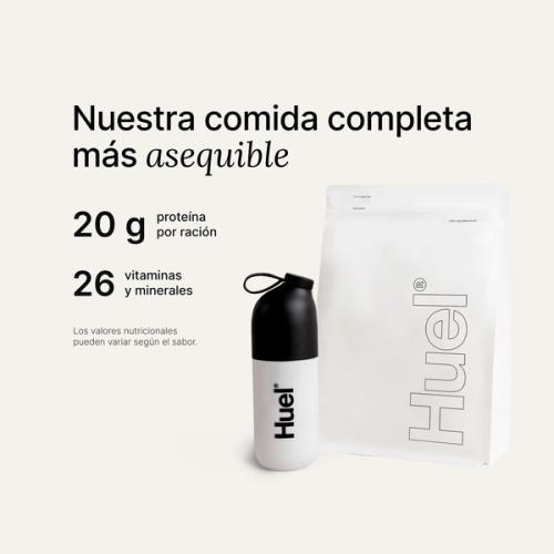 A white pouch of Huel Essential and a Huel shaker on a neutral colour background