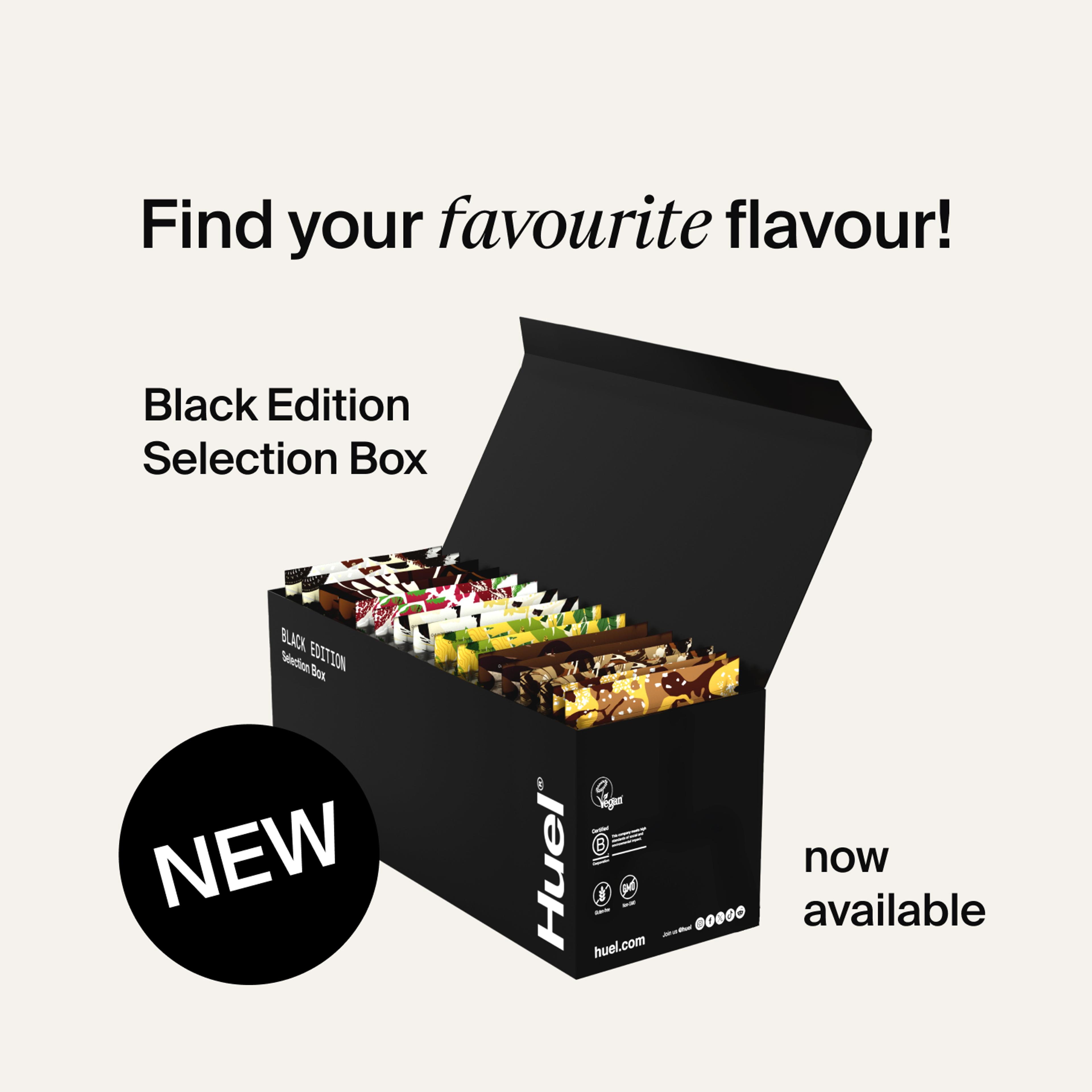 3 bags of Huel Black Edition showing the flavours included in the selection box
