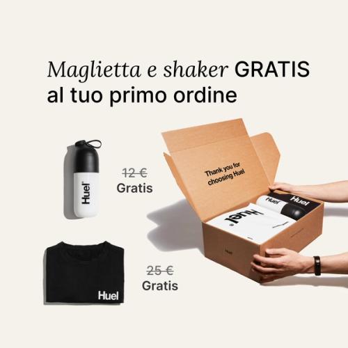 Unboxing a Huel starter kit containing a black Huel t-shirt and a Huel shaker