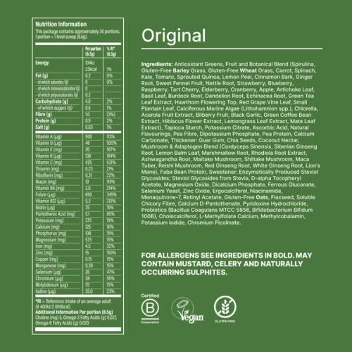 Ingredients and the Greens back of pack