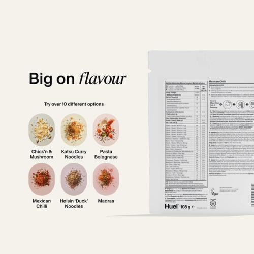 Back of a Huel Hot & Savoury meal pack with nutritional information