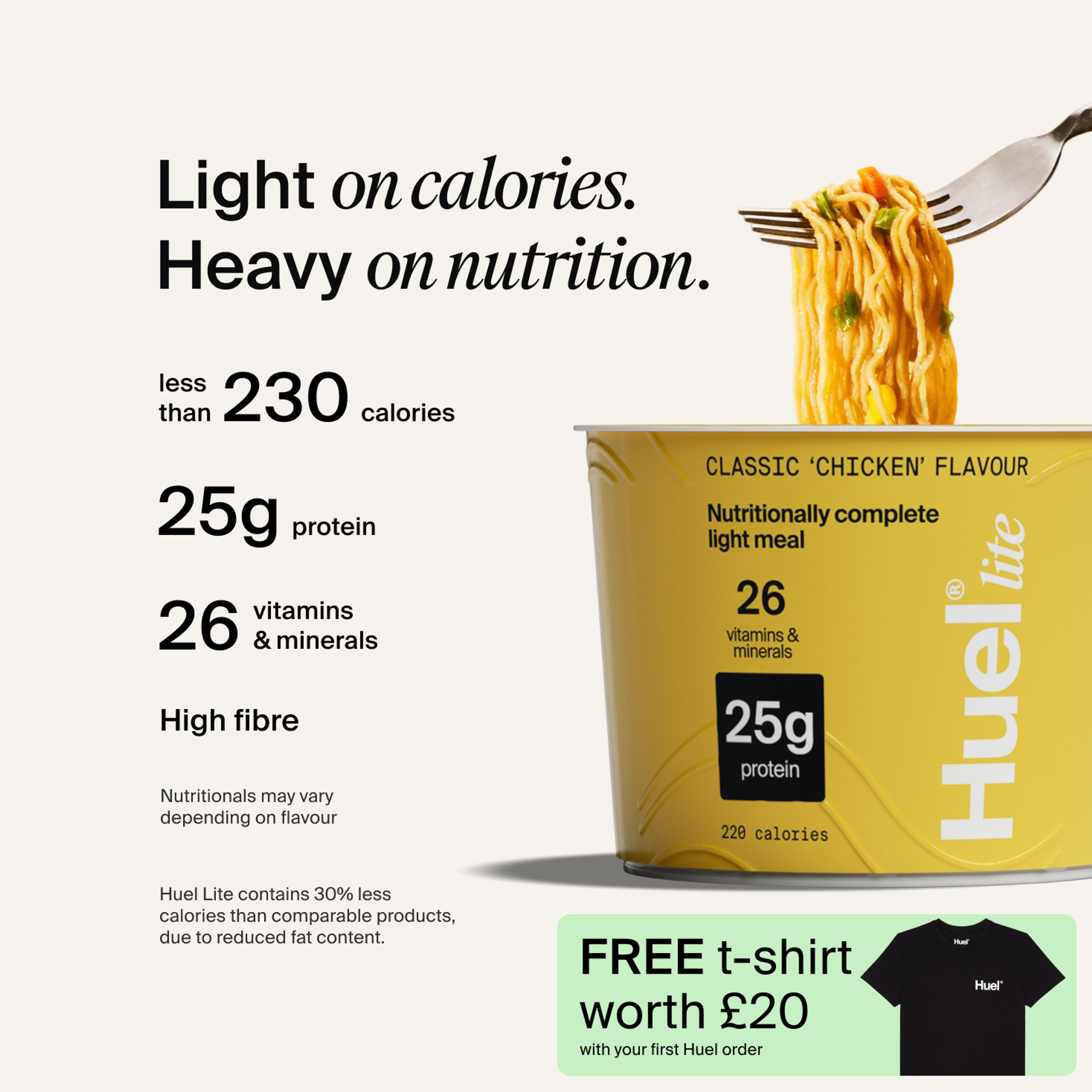 A pot of Huel Lite Ramen with Complete Nutrition callouts
