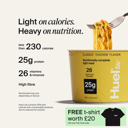 A pot of Huel Lite Ramen with Complete Nutrition callouts