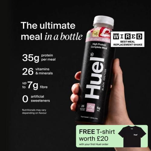 Huel Black Edition Ready-to-drink bottle held in hand, alongside text highlighting 35g protein, 26 vitamins and minerals, up to 7g fibre, and no artificial sweeteners.