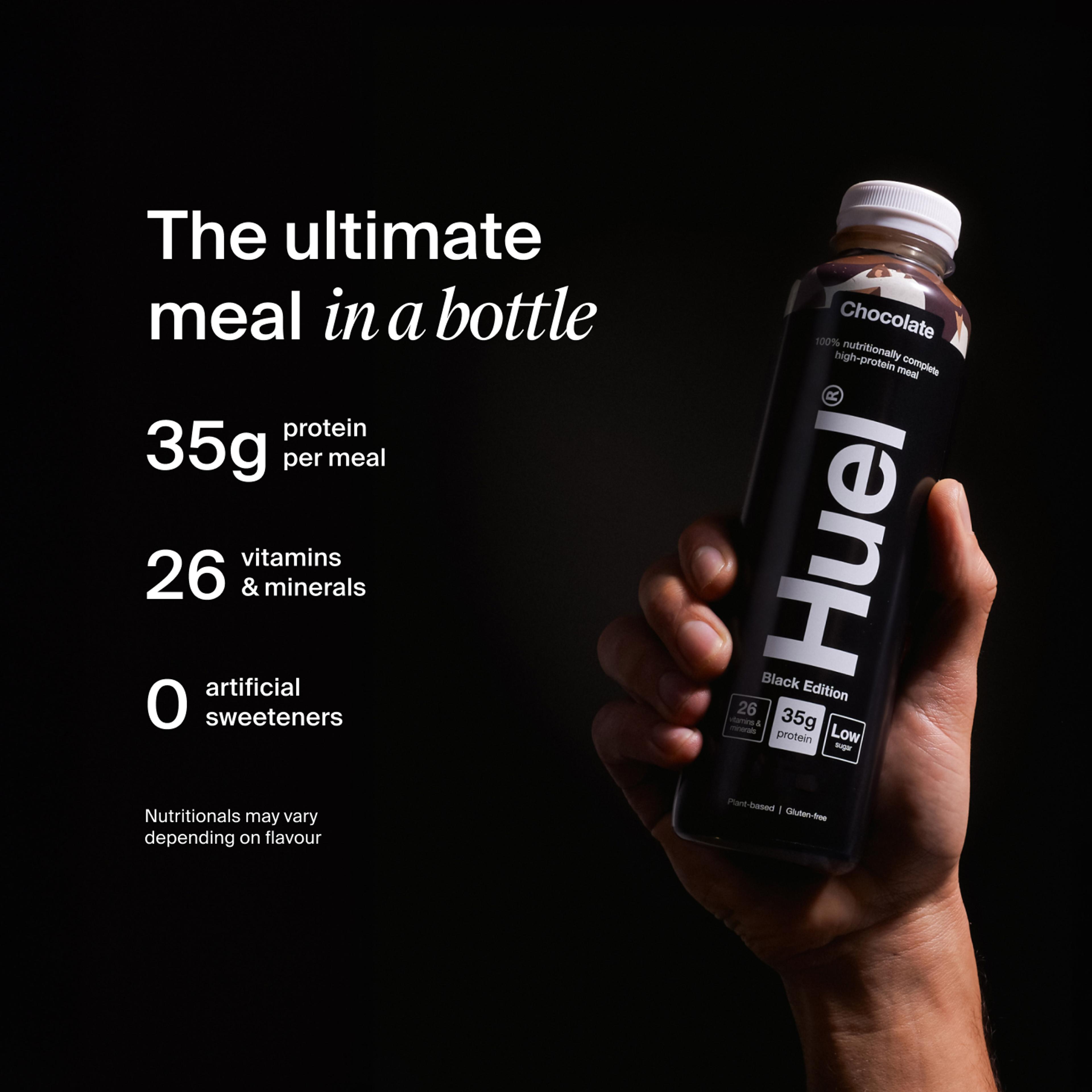 a hand holding a Bottle of Huel RTD with key benefits written next to it