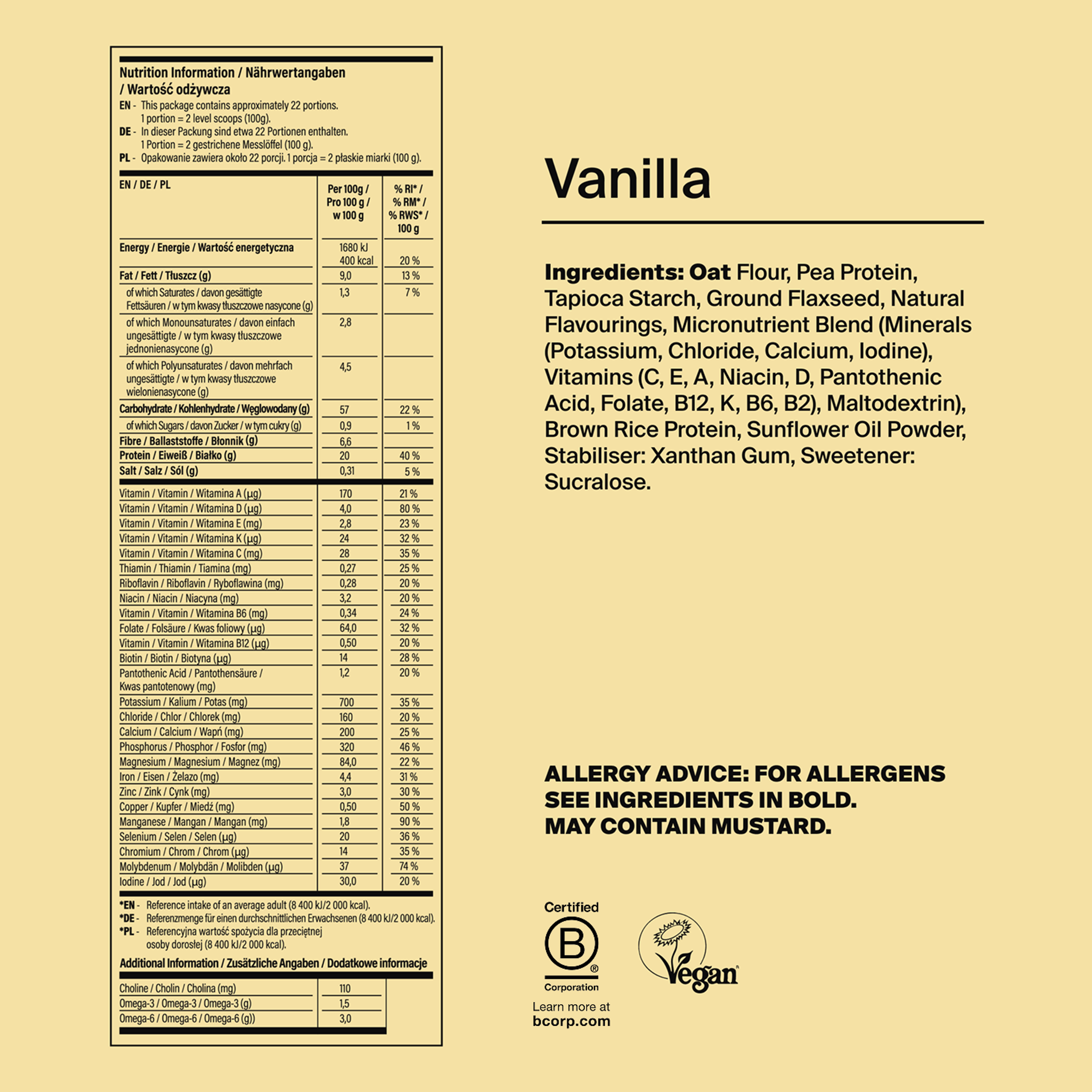 Back of pack nutritional information for Huel Essential
