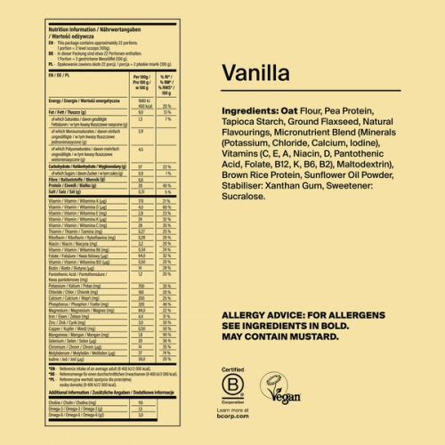 Back of pack nutritional information for Huel Essential