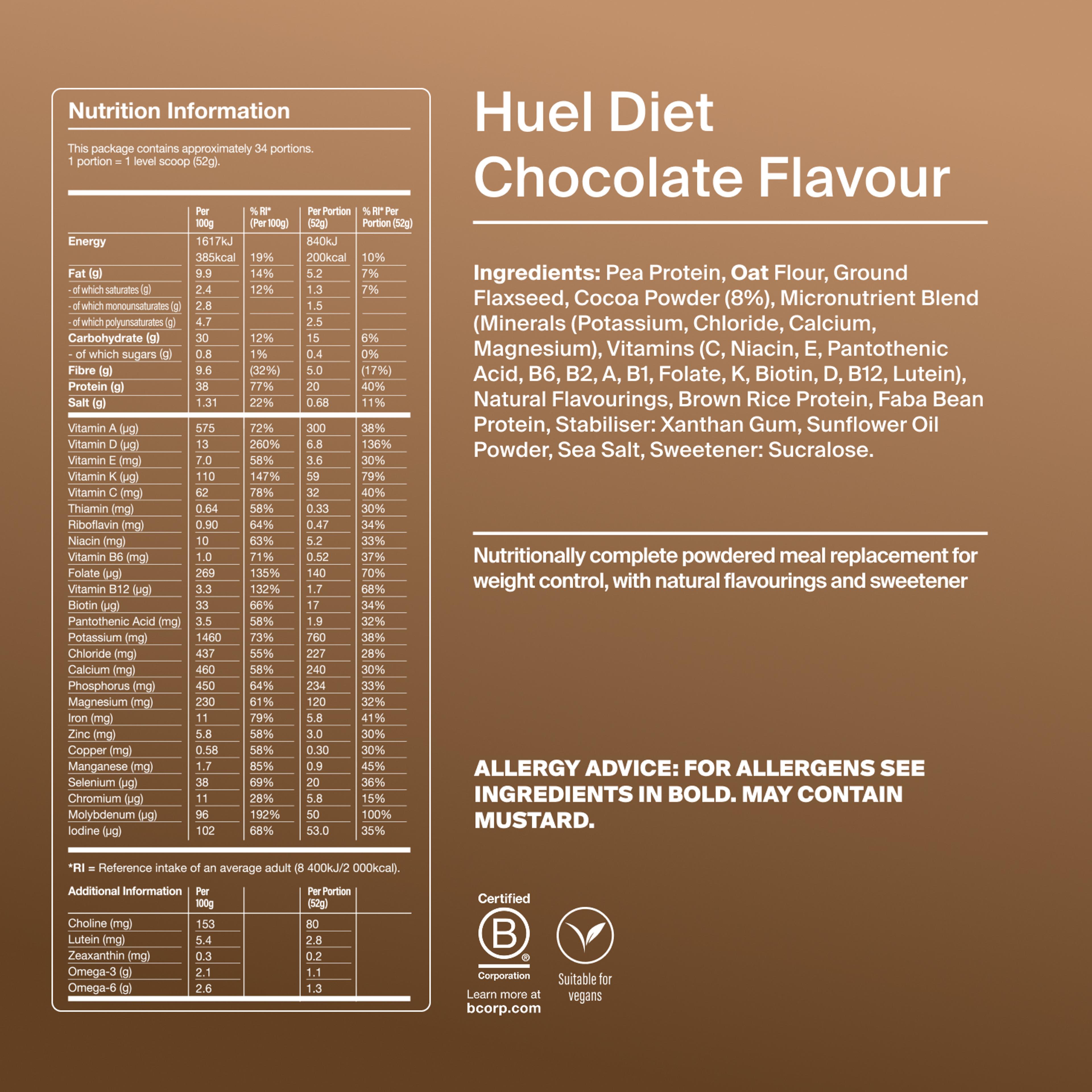 Back of pack nutritional information for Huel Diet Powder