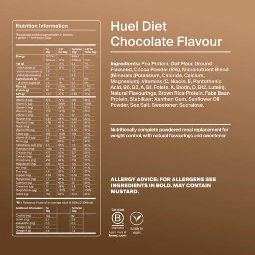 Back of pack nutritional information for Huel Diet Powder