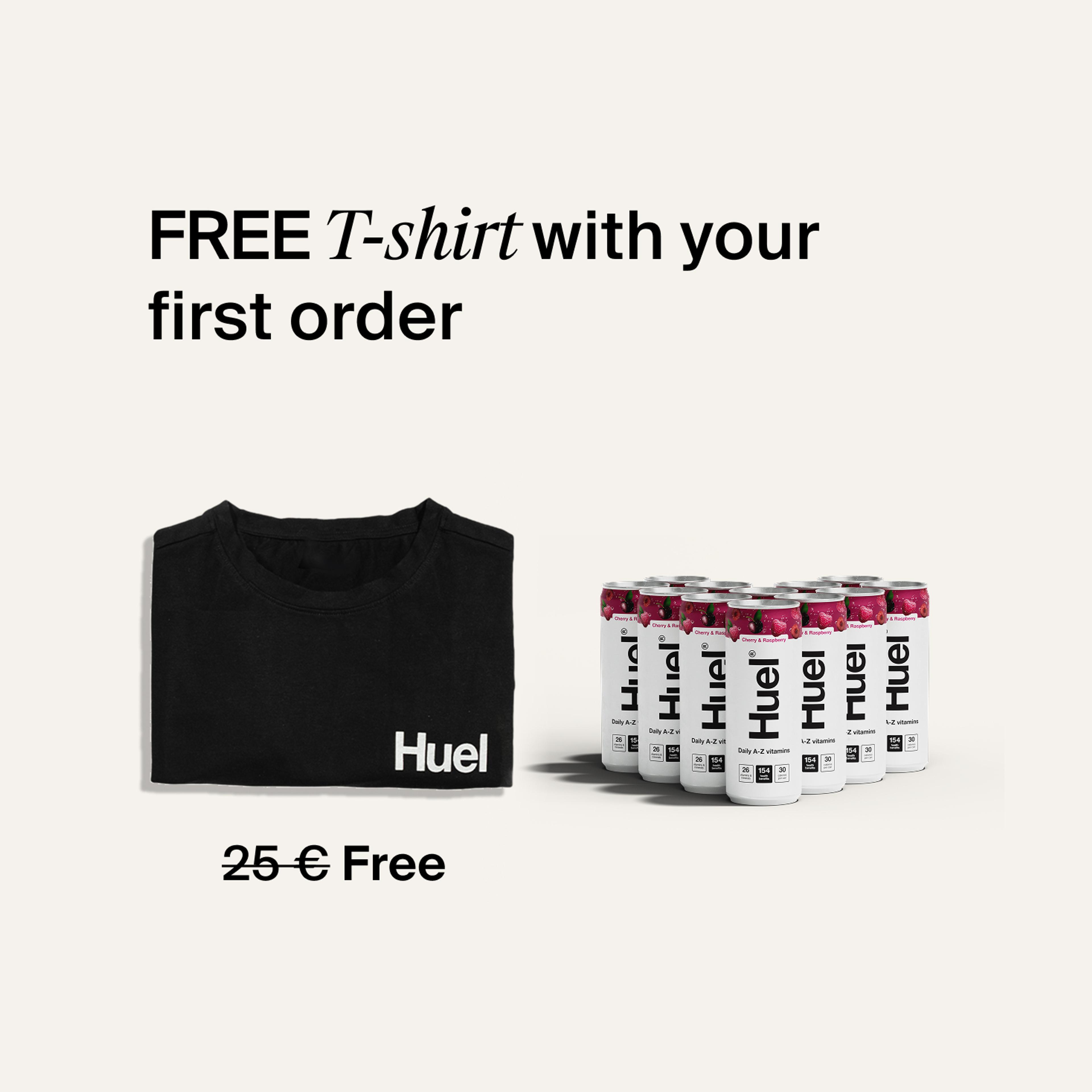 Free t-shirt & delivery with your first order; shows off the Huel shirt alongside 12 cans of DAZ