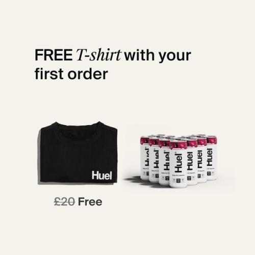 Free t-shirt & delivery with your first order; shows off the Huel shirt alongside 12 cans of DAZ