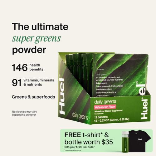 A picture of a Daily Greens Travel Pack with nutrition callouts