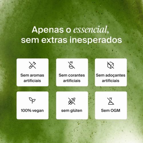 A list of health benefits of Huel Daily Greens set against a background comprising an extreme close-up of Huel Daily Greens