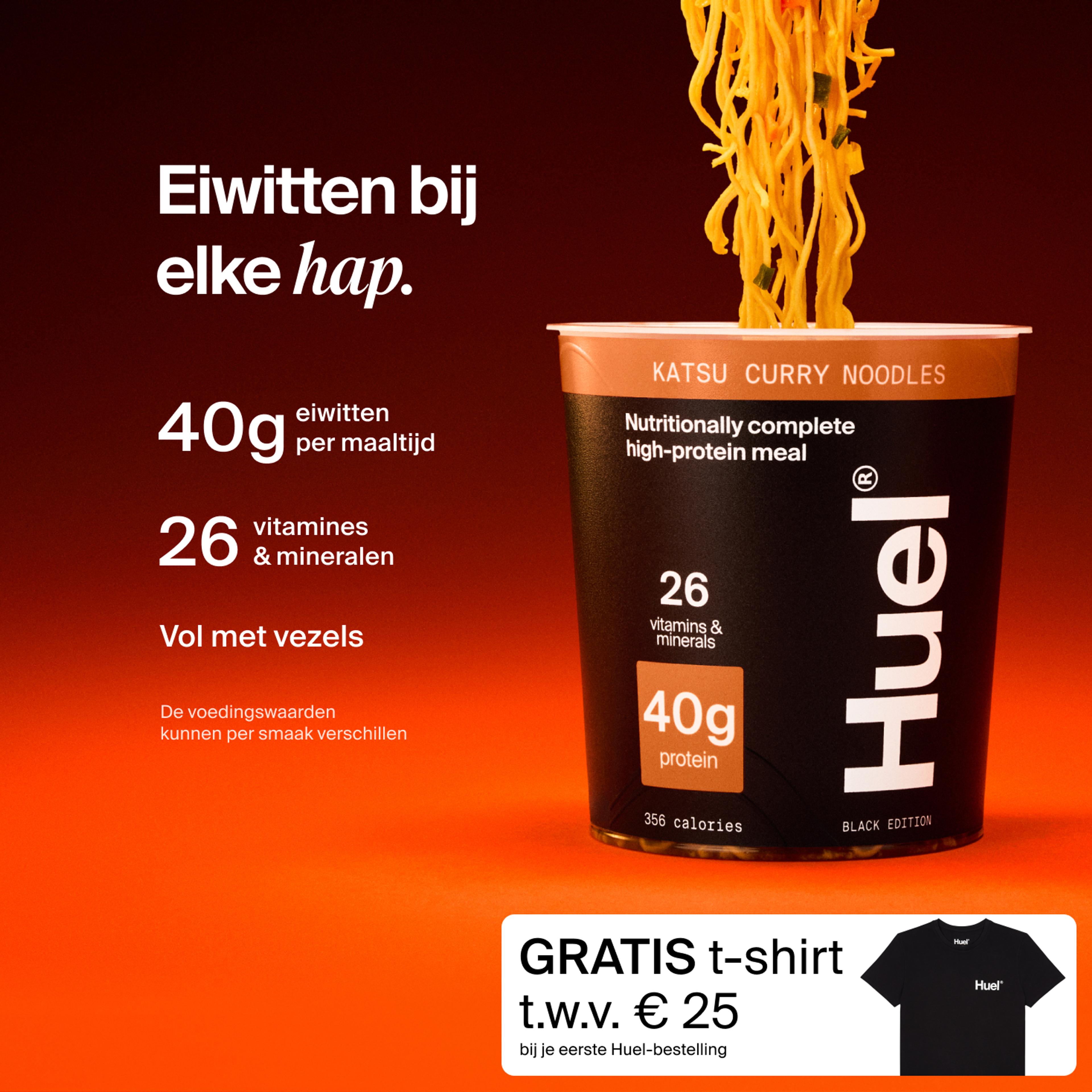 A pot of Huel Black Edition Ramen with Complete Nutrition callouts on a red and black gradient background