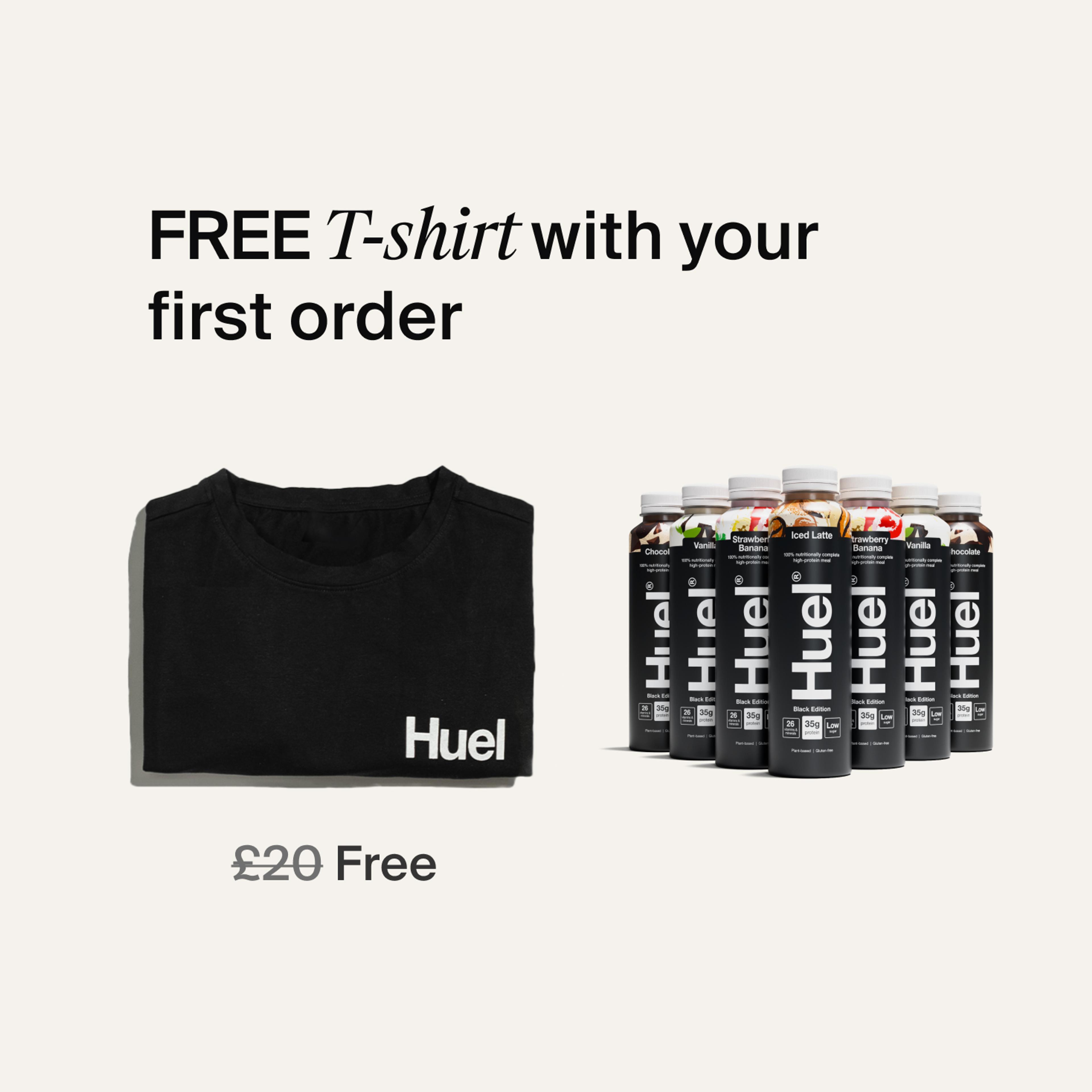 A selection of Huel Black Edition Ready-to-drink protein drinks next to a folded Black Huel t-shirt