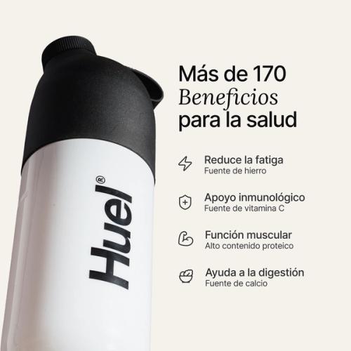 A black and white Huel shaker on a neutral background, with the benefits of Huel listed beside it