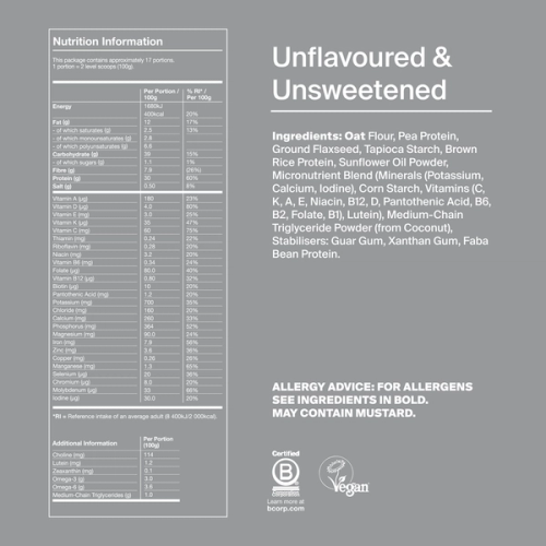 Back of pack nutritional information for Huel Powder