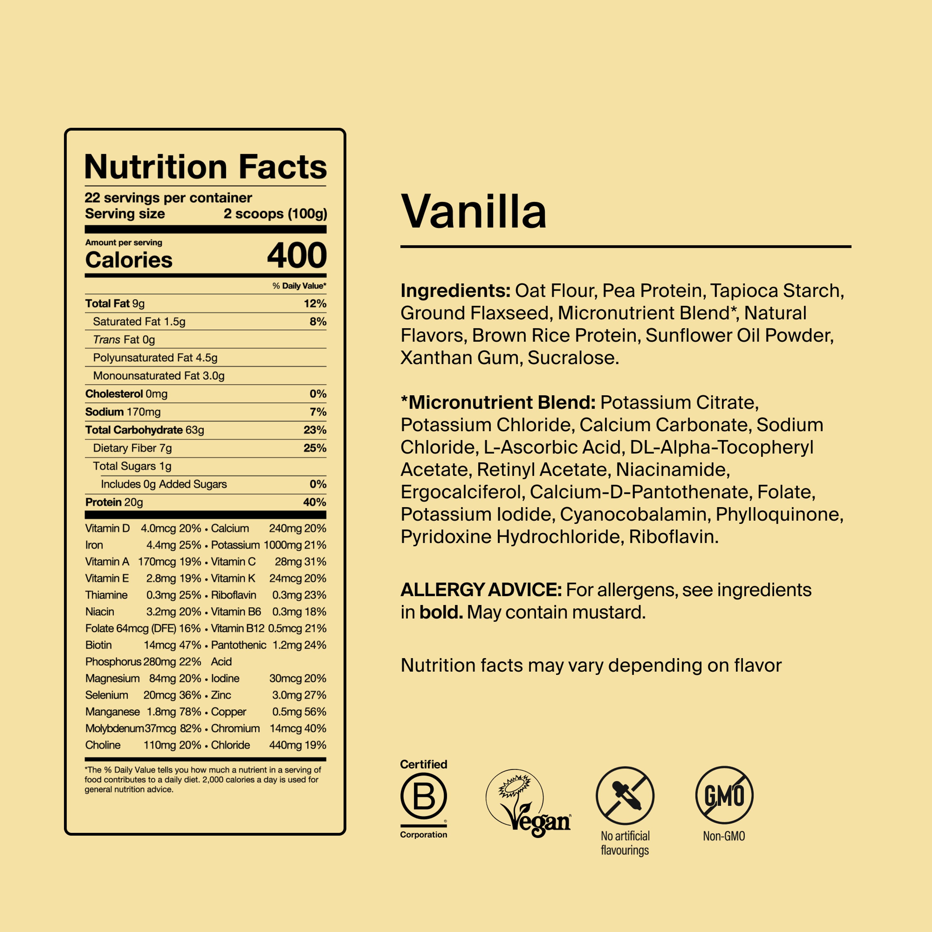 Back of pack nutritional information for Huel Essential