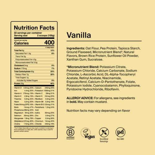 Back of pack nutritional information for Huel Essential