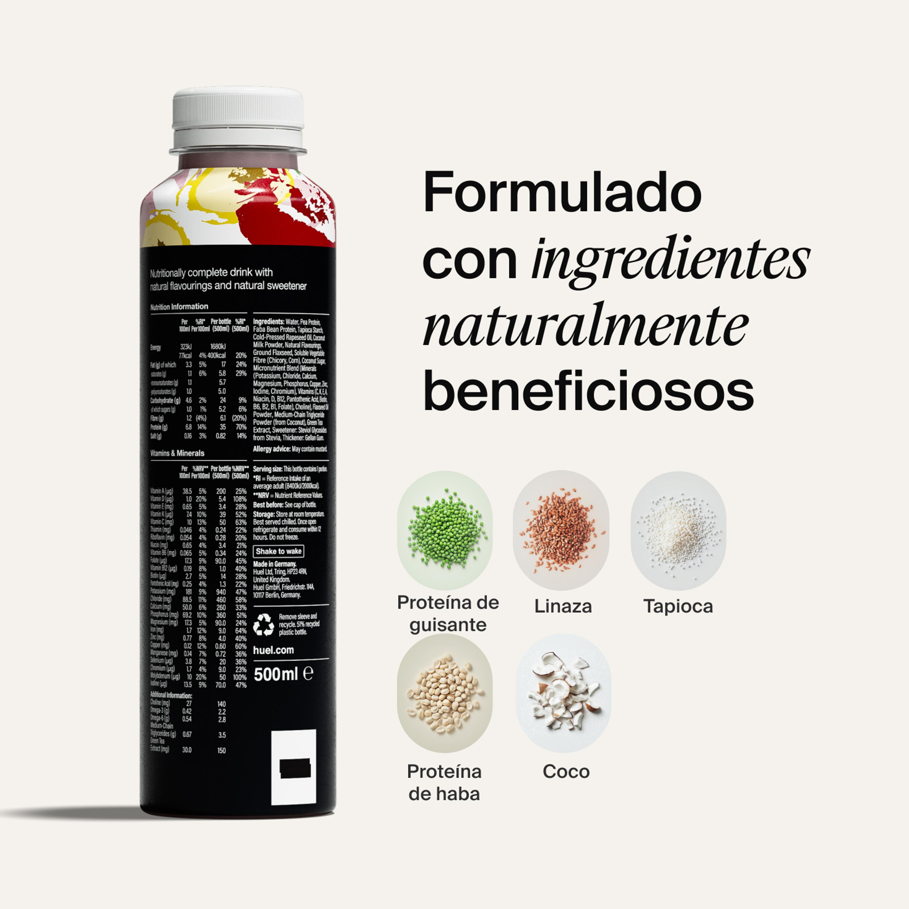 Bottle of Black Edition RTD with back-of-pack nutrition included, and natural ingredient images