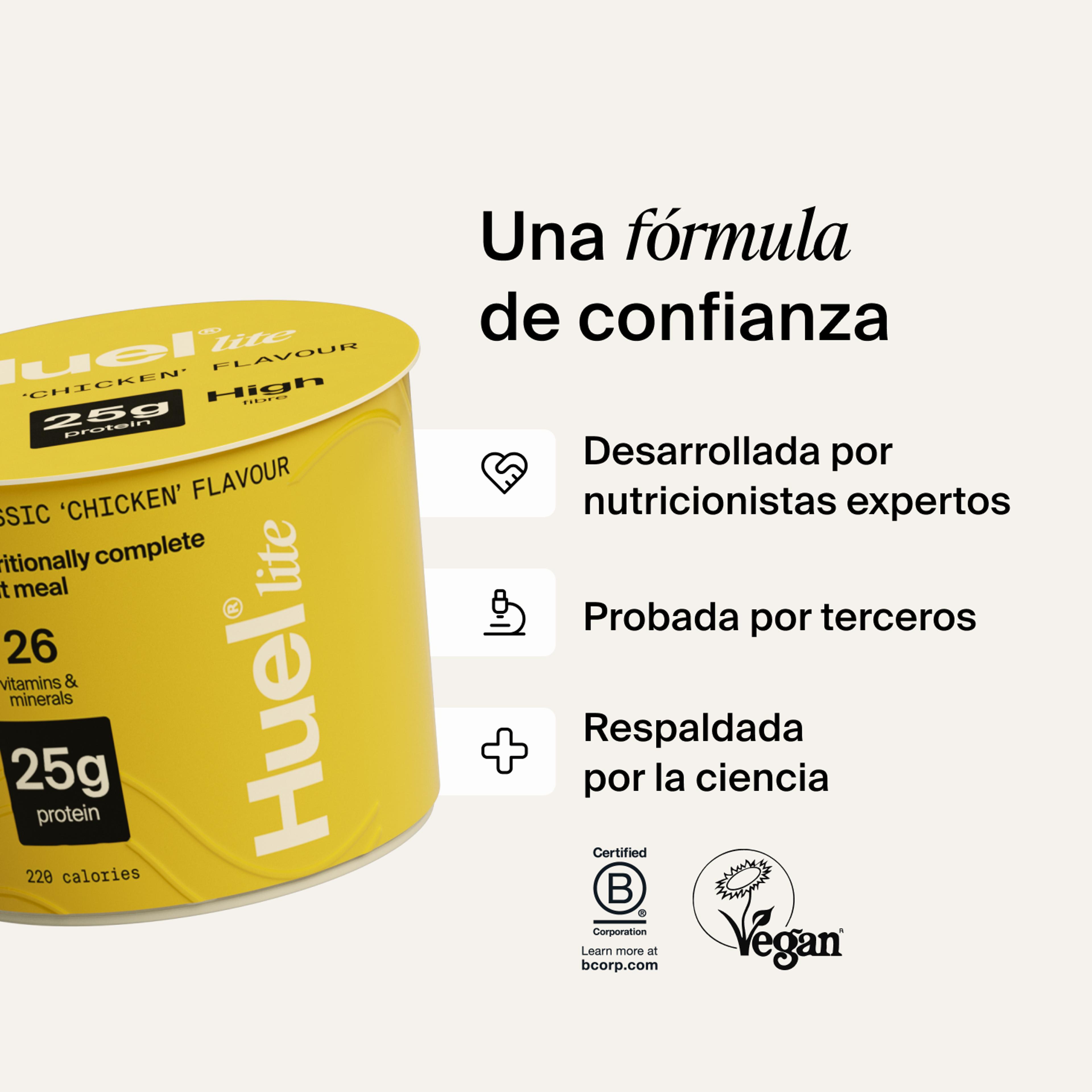 Un vaso de Huel Lite Ramen junto a varias llamadas y logotipos