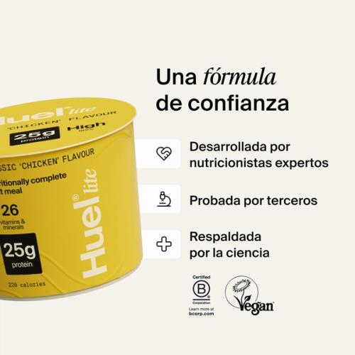 Un vaso de Huel Lite Ramen junto a varias llamadas y logotipos