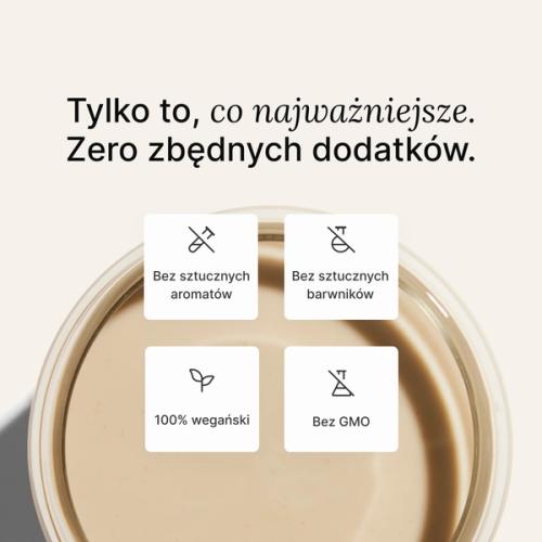 Ujęcie koktajlu Huel w szklance z góry, z dołączonymi oznaczeniami USP