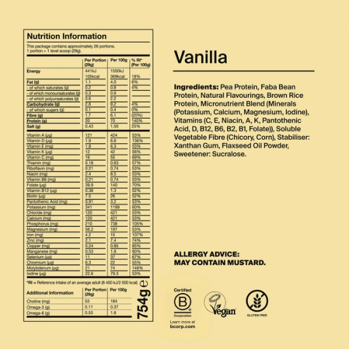 the back of a Huel complete protein powder bag containing nutritional information