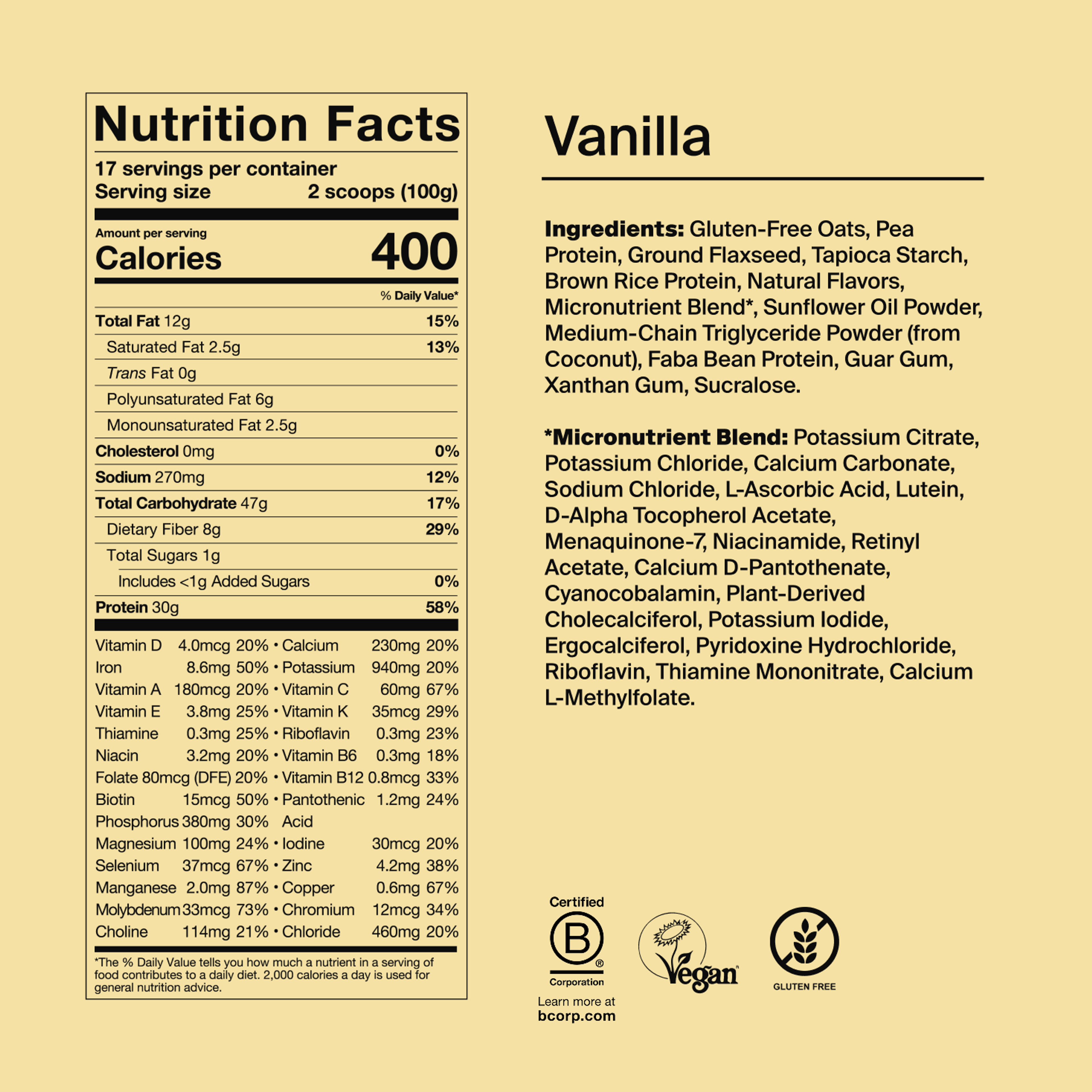 Back of pack nutritional information for Huel Powder