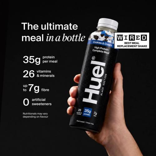 Huel Black Edition Ready-to-drink bottle held in hand, alongside text highlighting 35g protein, 26 vitamins and minerals, up to 7g fibre, and no artificial sweeteners.