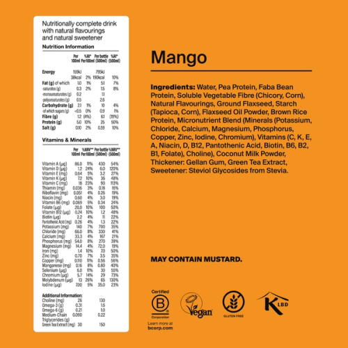 The back of pack of Mango showing all the ingredients